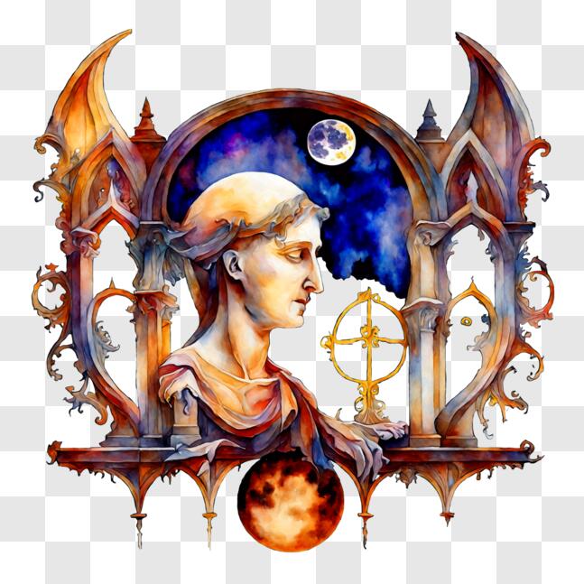 Download Painting of Window with Moon and Woman's Face PNG Online ...