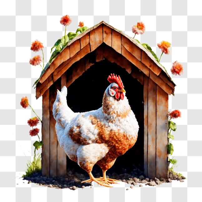 Download Chicken in Front of Outdoor Chicken Coop with Flowers PNG