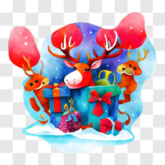 Download Festive Cartoon Reindeer with Presents and Balloons ...