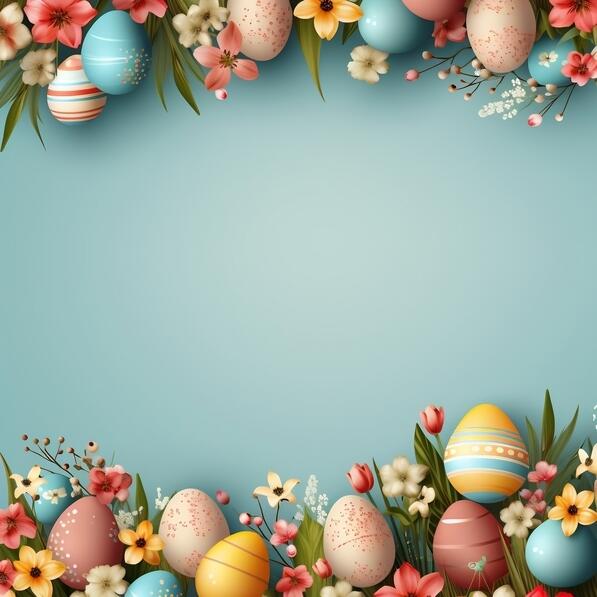 Download Colorful Easter Eggs and Flowers on Blue Background ...