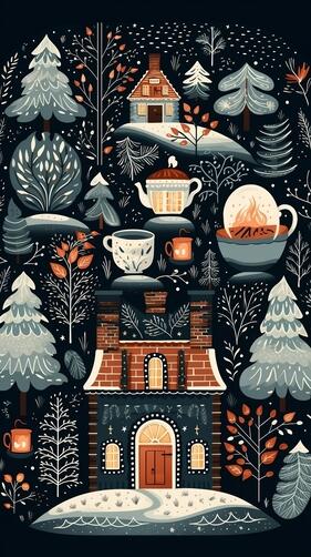 Snowy Landscape Illustration with House and Teapots Snowy Landscape Illustration with House and Teapots thumbnail