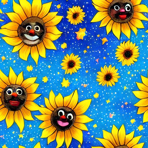 Seamless Sunflower Pattern with Smiley Faces and Stars on Blue Background Seamless Sunflower Pattern with Smiley Faces and Stars on Blue Background thumbnail