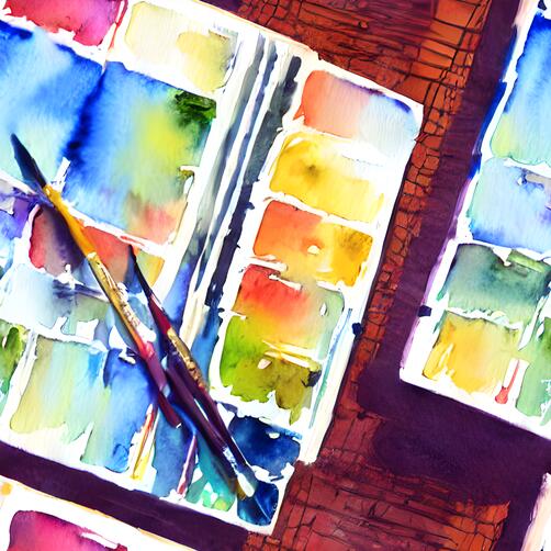 Tintas Coloridas de Aquarela e Pincéis em uma Mesa de Madeira Tintas Coloridas de Aquarela e Pincéis em uma Mesa de Madeira thumbnail