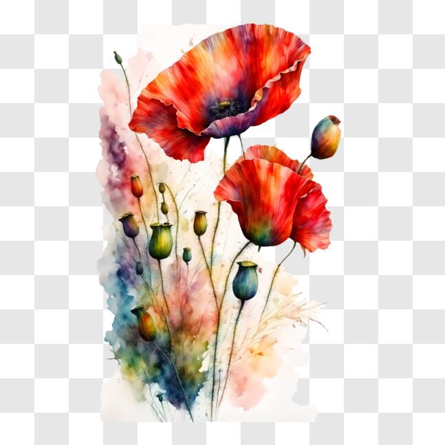 Download Watercolor Painting of Two Red Poppies and Other Flowers PNGs ...