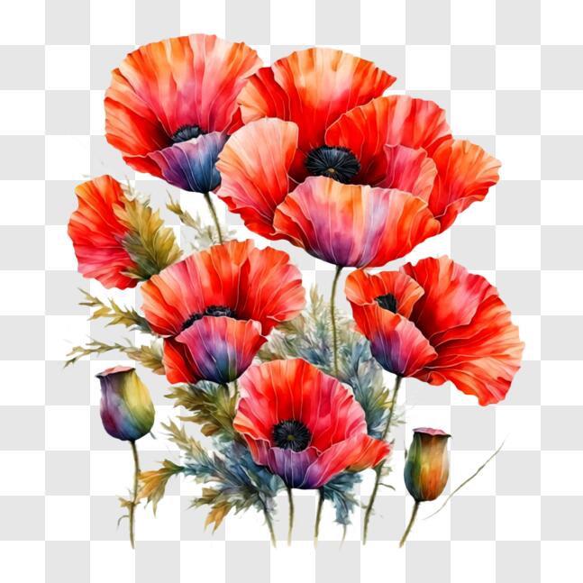 Download Bouquet of Red Poppies with Green Leaves and Twigs PNGs Online ...