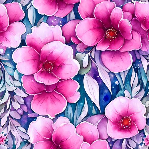 Watercolor Painting of Pink Flowers and Leaves on Blue Background Watercolor Painting of Pink Flowers and Leaves on Blue Background thumbnail