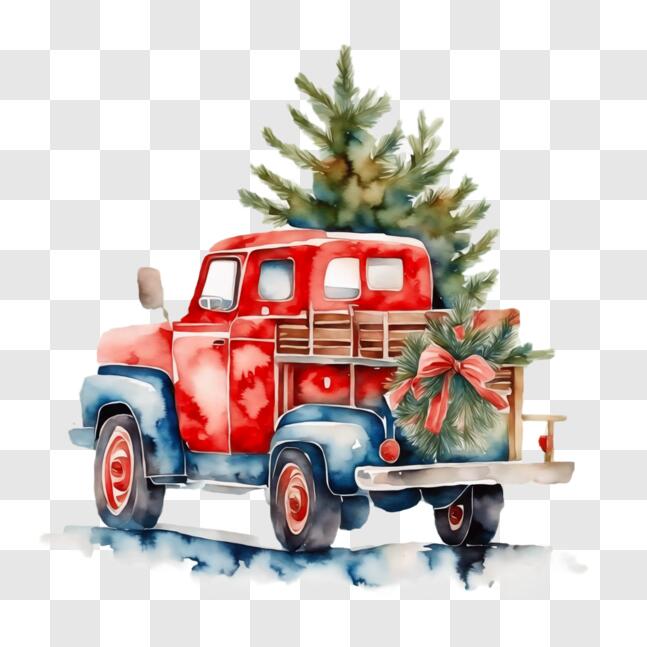 Download Red Truck with Christmas Tree Watercolor Painting PNG Online ...