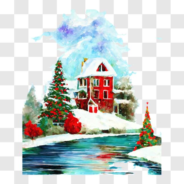 Download Festive Red House in the Snow with Holiday Decorations PNG ...