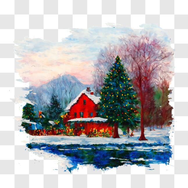Download Festive Red Farmhouse Painting PNG Online - Creative Fabrica
