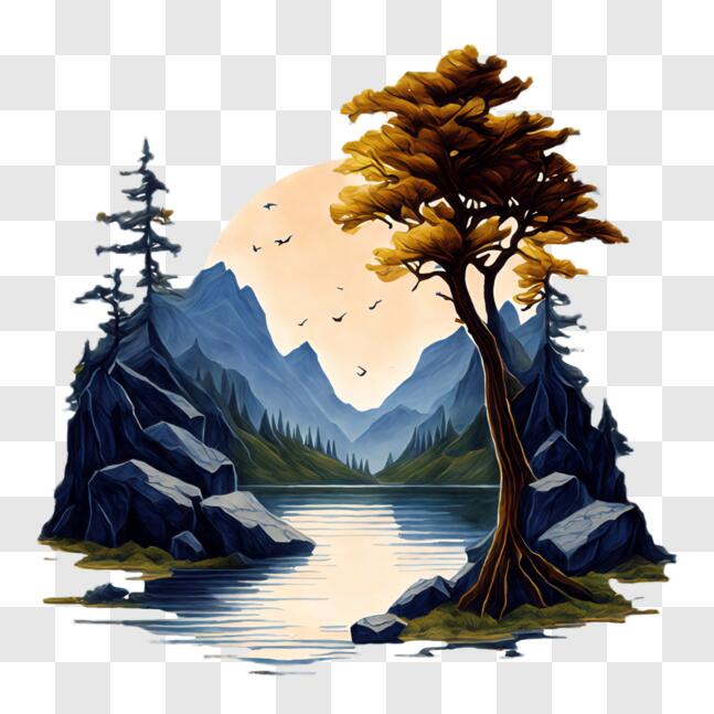Download Scenic Landscape with Mountains, Trees, and Water PNG Online ...