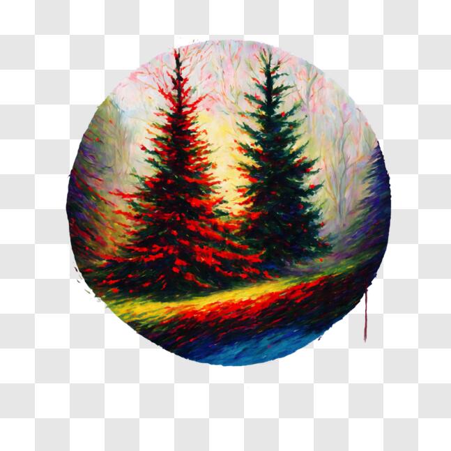 Download Abstract Painting of Two Pine Trees in Circular Shape PNG ...