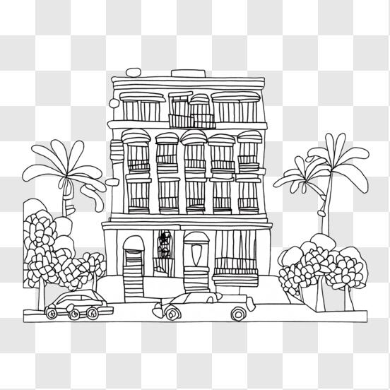 Download Vintage Drawing of Building in Old Town with Palm Trees PNG ...