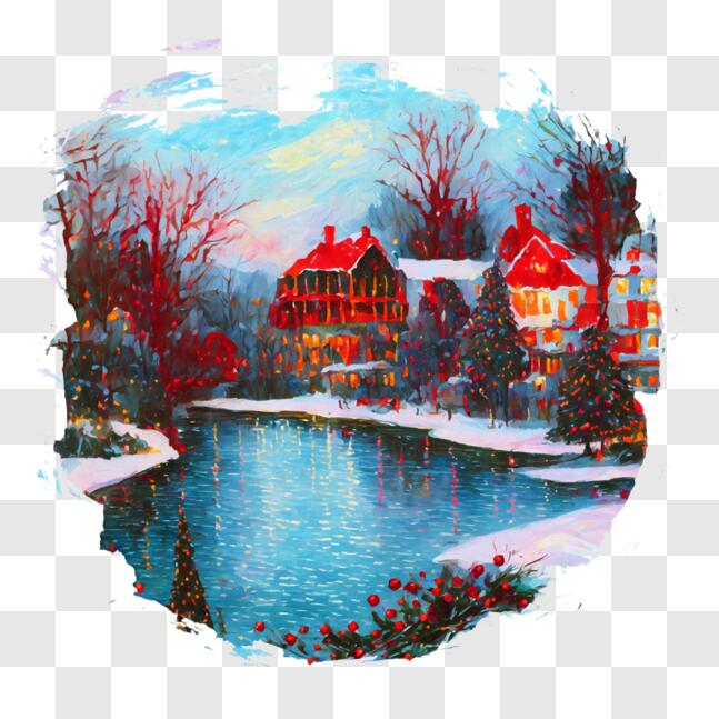 Download Festive Winter Painting with Houses and Snowy Landscapes PNG ...
