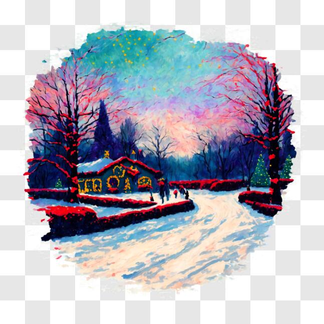 Download Snowy Landscape Painting with People and Buildings PNG Online ...