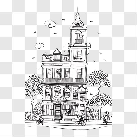 Black and White Drawing of an Old Building with Trees