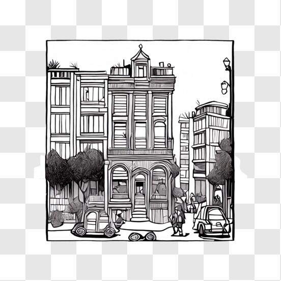 Black and White Drawing of Urban Street Scene