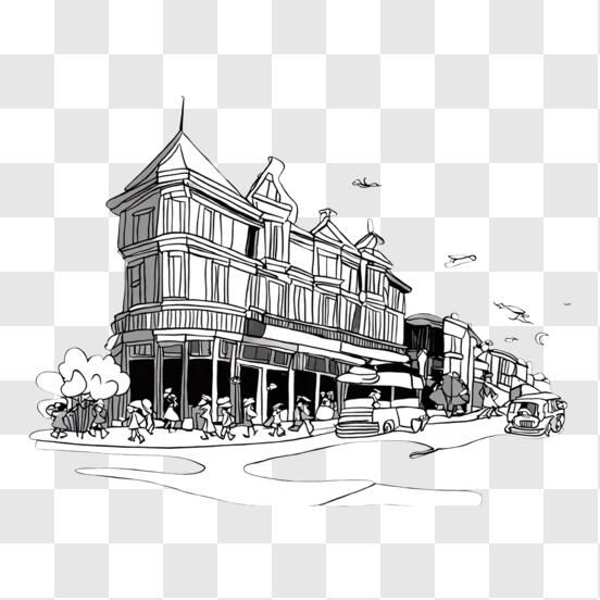 Black and White Drawing of Old-Fashioned Street Scene