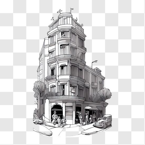Black and White Drawing of an Apartment Building with People and Bicycle