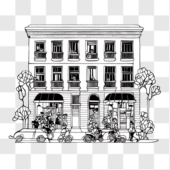 Black and White Vector Illustration of an Old Building with People Riding Scooters