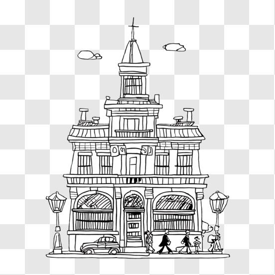 Black and white illustration of an old building with people walking in front