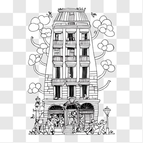 Black and White Drawing of an Old Building with People and Trees