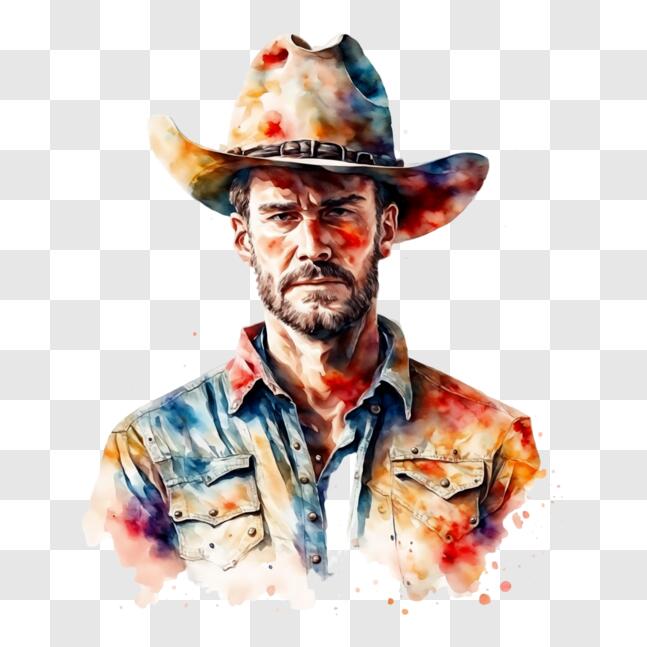 Download Colorful Watercolor Portrait of a Man in a Cowboy Hat PNGs ...