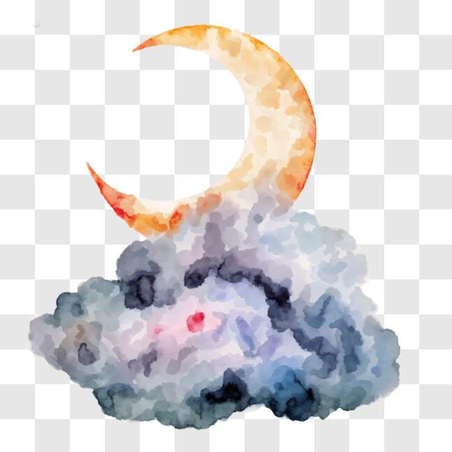 Download Moon Crescent on Clouds Watercolor Painting PNG Online ...