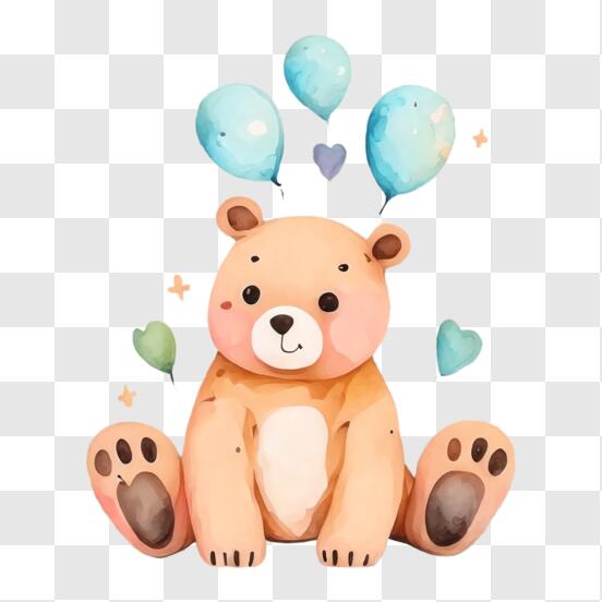 Brauner Teddybär mit Ballons und blauen Herzen PNG