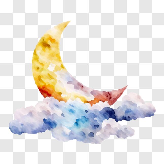 Download Watercolor Crescent on Clouds PNG Online - Creative Fabrica