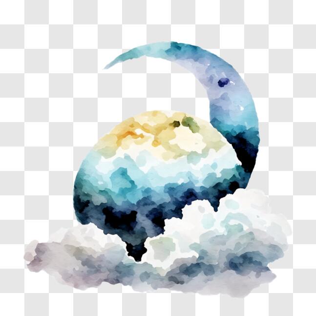 Download Watercolor Painting of Earth, Moon, and Clouds PNG Online ...