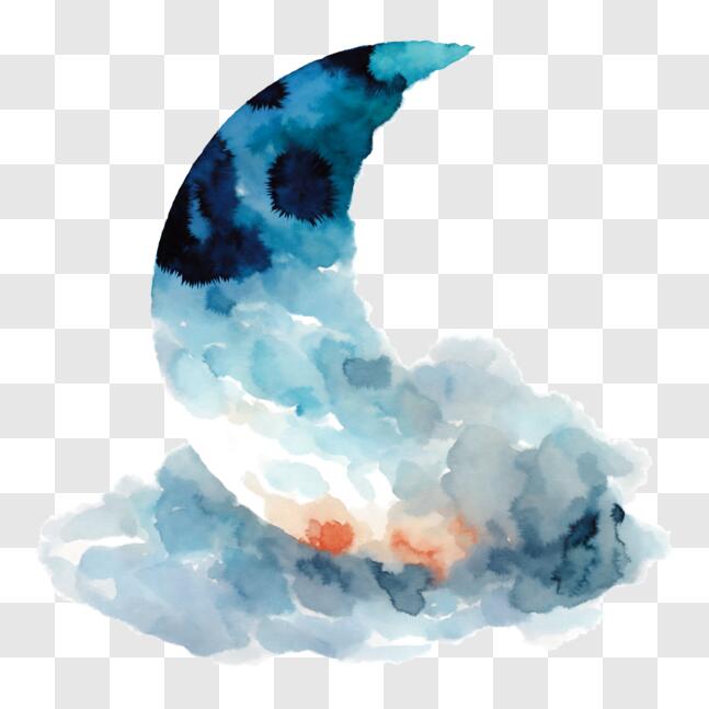 Download Moon Crescent Watercolor Painting with Blue and White Clouds ...