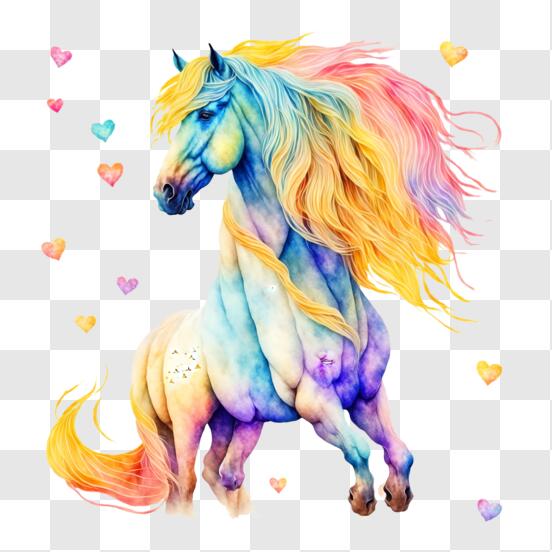 Scarica Bellissimo cavallo colorato con sfondo di cuori PNG Online