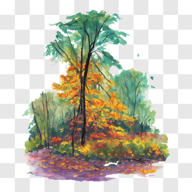 Download Beautiful Watercolor Painting of Autumnal Forest PNG Online ...