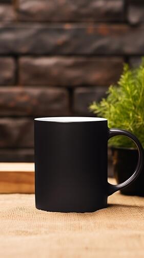 Black Coffee Mug on Wooden Table with Books and Potted Plant Patterns Black Coffee Mug on Wooden Table with Books and Potted Plant Patterns thumbnail