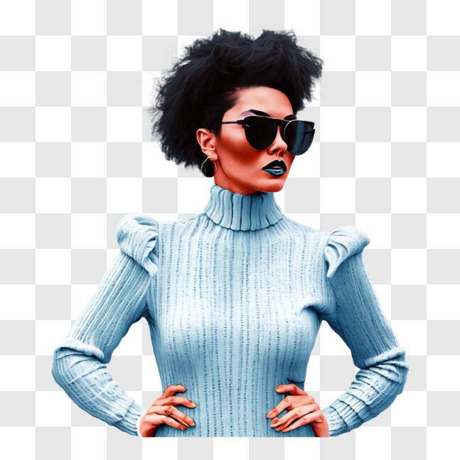 Download Stylish Woman in Blue Turtleneck Sweater and Sunglasses PNG ...