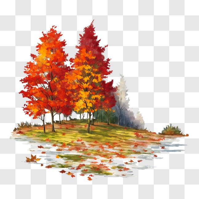 Download Autumn Trees on a Green Meadow with Water Border PNG Online ...