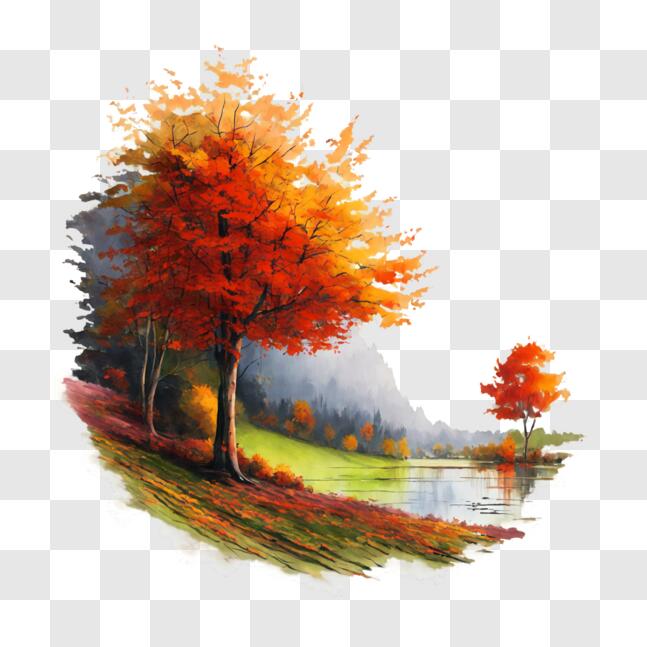 Download Autumn Landscape Painting with Colorful Falling Leaves PNG ...