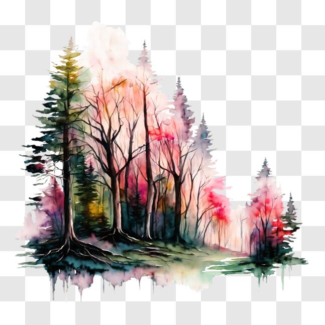 Download Watercolor Painting of Forest Trees in Pink and Purple PNGs ...