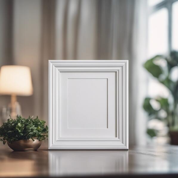 Download White Picture Frame on Wooden Table in Living Room Mockups ...