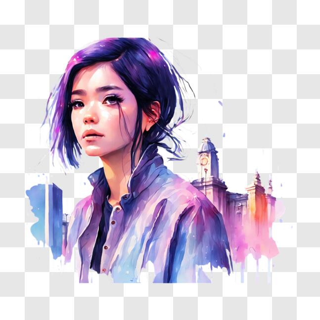 Download Watercolor Painting - Girl with Purple Hair and City Skyline ...