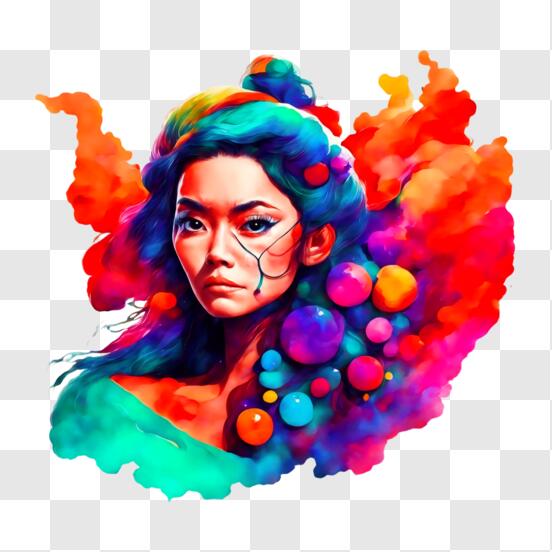 Télécharger Femme aux cheveux colorés avec des ballons PNG En