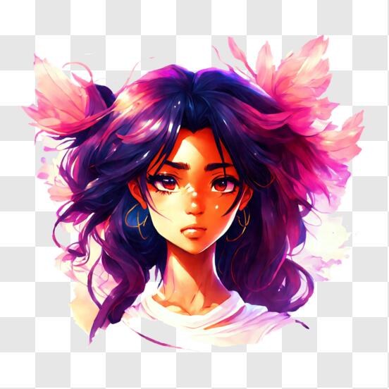 Garota de anime com cabelo roxo e olhos grandes e tristes · Creative Fabrica