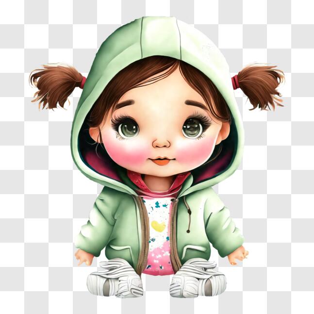 Download Cartoon Girl with Long Curly Hair and Green Hooded Sweatshirt ...