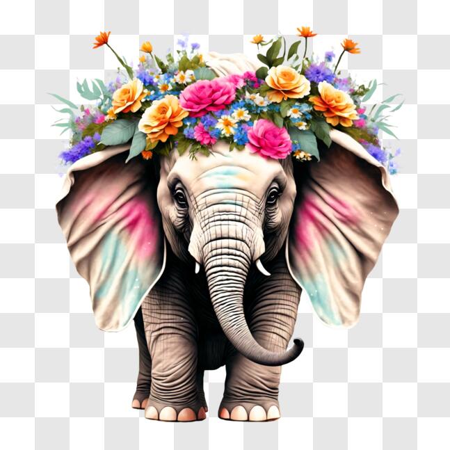 Download Happy Elephant Wearing a Colorful Floral Crown PNGs Online ...