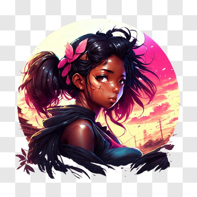 Download Animeinspired Illustration of Young Woman with Black Hair and