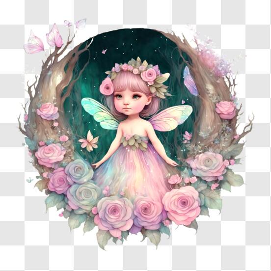 Download Magical Fairy Surrounded by Flowers and Butterflies PNG