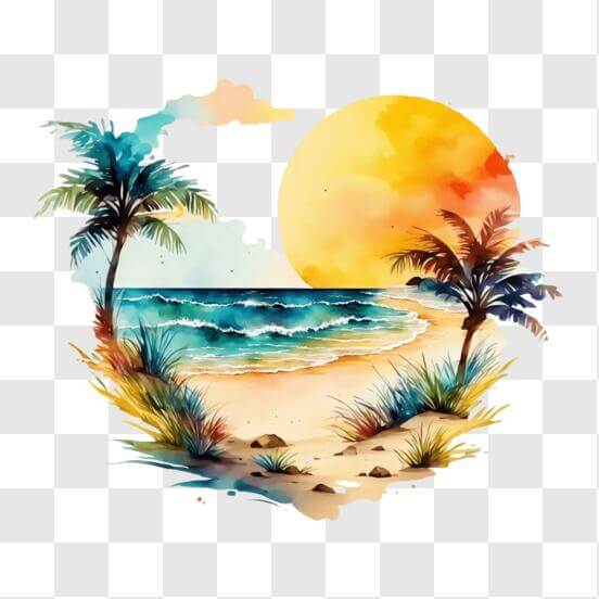 Download Watercolor Beach Painting with Palm Trees and Sunset PNG ...
