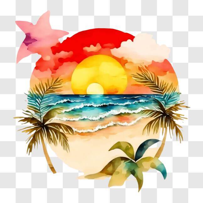 Download Colorful Watercolor Beach and Sunset Painting PNG Online ...