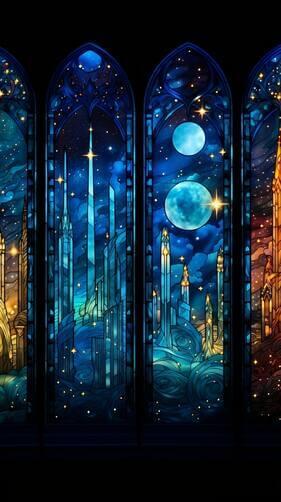 Four Illuminated Stained Glass Windows with City Landmarks Four Illuminated Stained Glass Windows with City Landmarks thumbnail