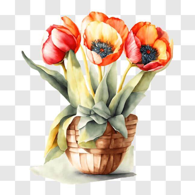 Download Vibrant Watercolor Painting of Tulips in a Basket PNGs Online ...